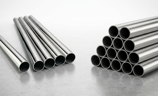 Stainless steel 405 410 410S and 415 polished round pipes in varied sizes laid on metal sheet